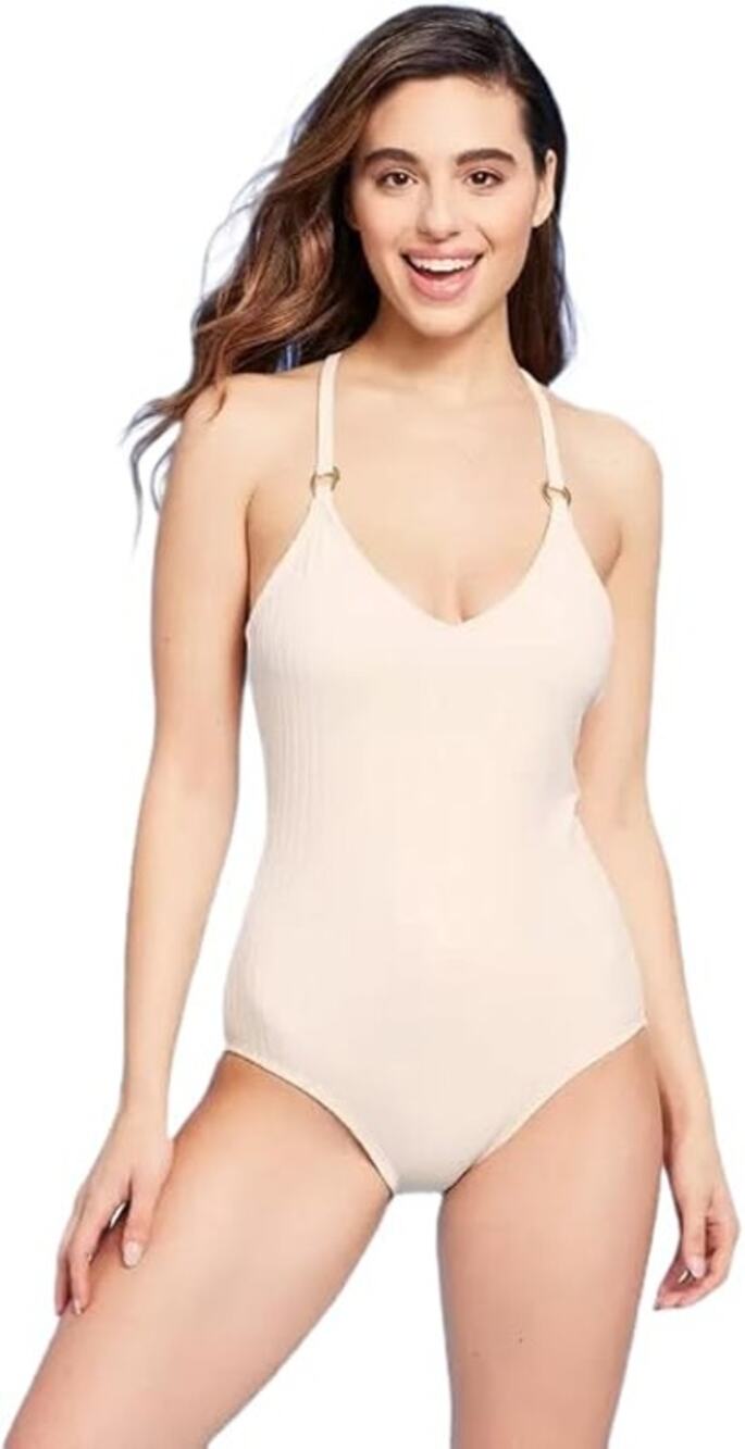 Kona sol Women's Small Ribbed Ring Medium Coverage One Piece Swimsuit - cream